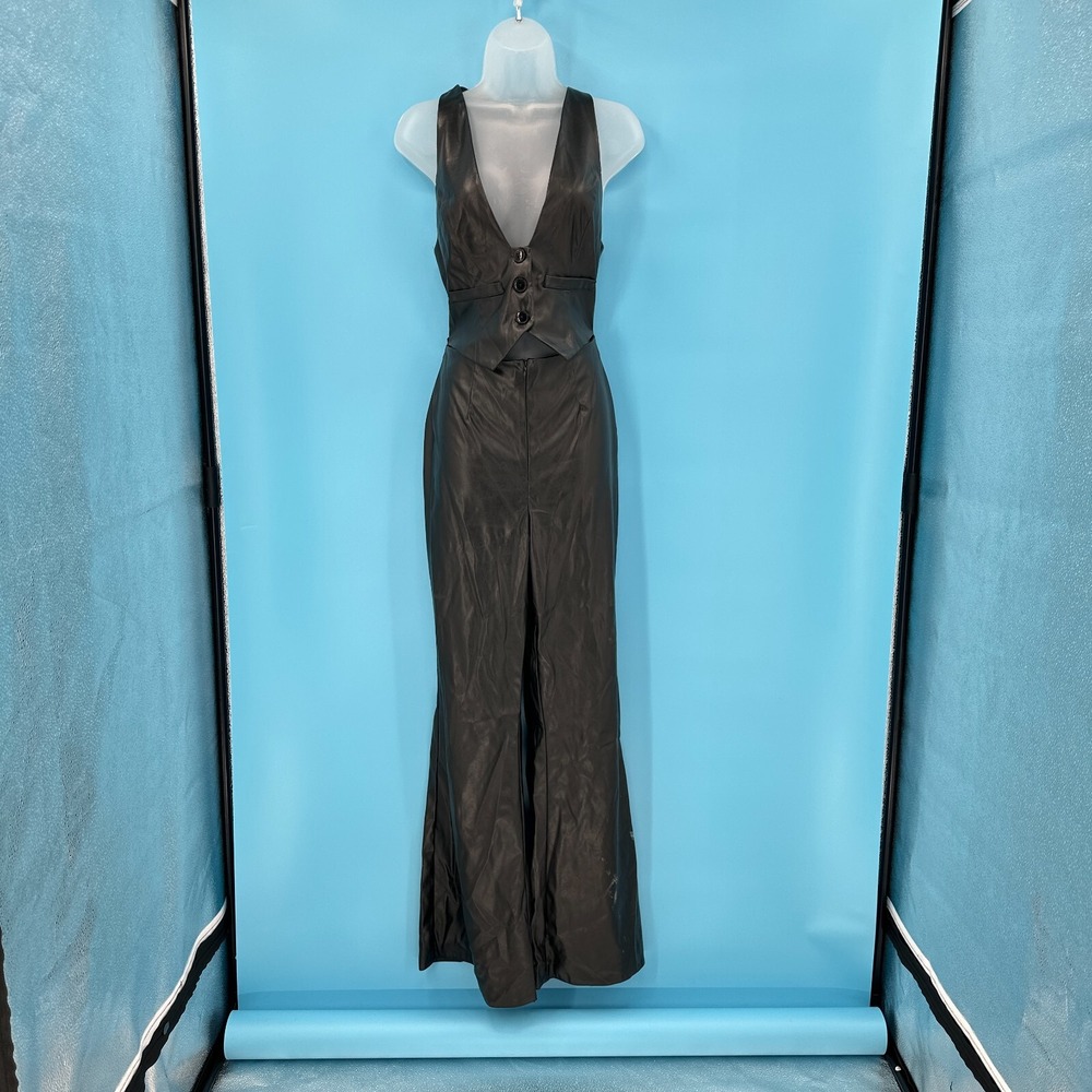 Black Faux Leather Jumpsuit size 6 Wide Leg Vest Top Statement Edgy Moto Grunge